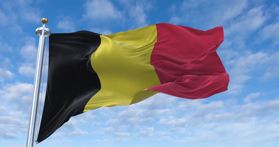 Belgium flag with flagpole waving in wind, rolling clouds background looping, 4K video (Perfect Loop)