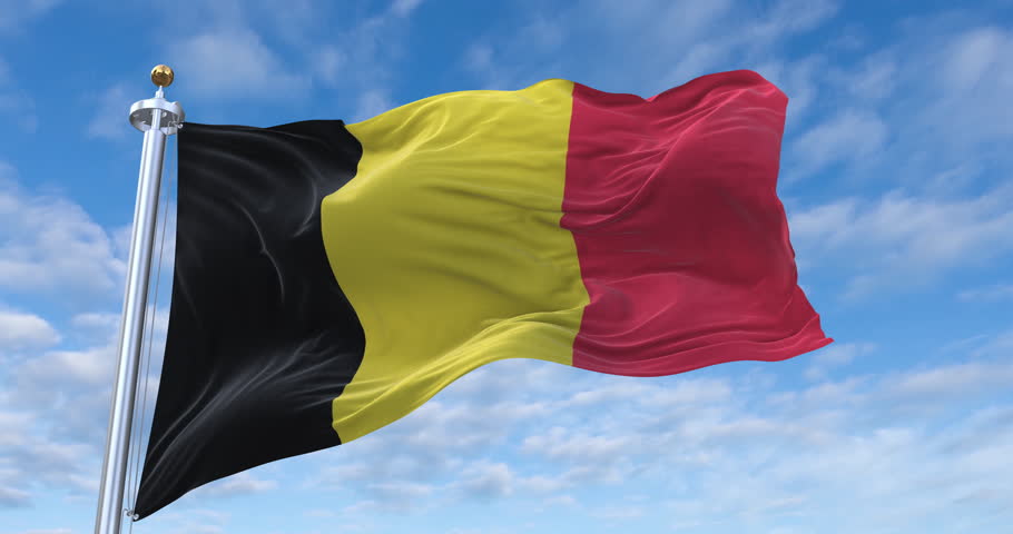 Belgium flag with flagpole waving in wind, rolling clouds background looping, 4K video (Perfect Loop)