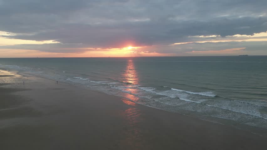 Aerial view of Bleriot-Plage at sunset, Calais, France.