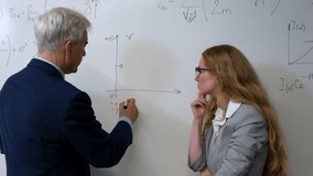 An elderly professor explains a subject to a student at a white board.  - Powered by Shutterstock - Get 15% off with code: PIKWIZARD15