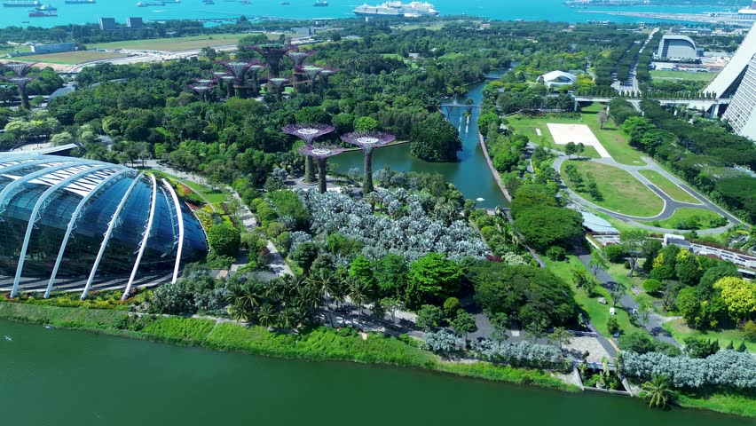 Aerial drone landscape view of Gardens by the Bay nature park trees flower dome plants river Singapore city Asia travel tourism architecture