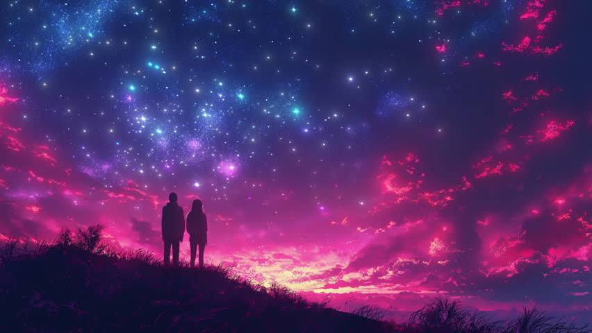 A couple stands on the top of the hill and looks at the sky filled with stars. Loop animation