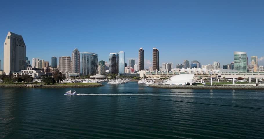 Boating At San Diego Bay Along The Luxury Hotels In Downtown San Diego In California, USA. - aerial shot