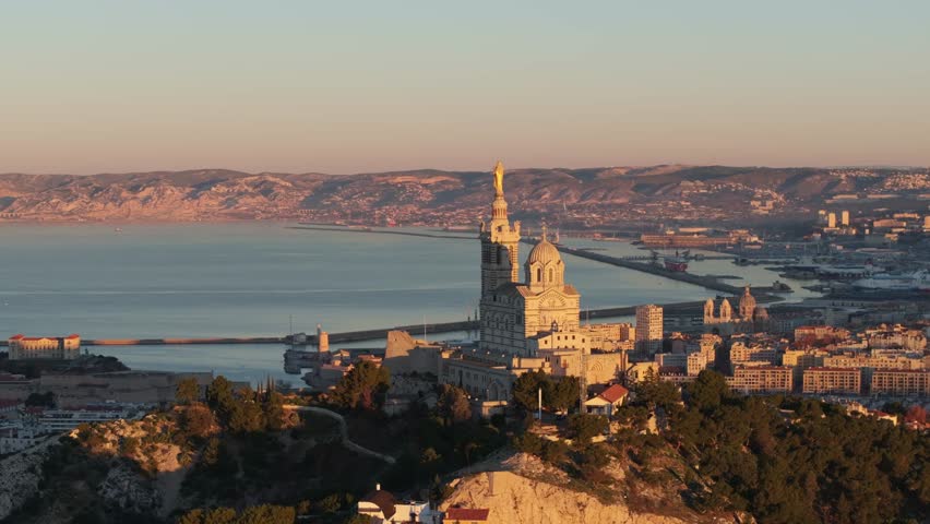 Marseille France Aerial view of the basilica Notre Dame de la Garde and the Vieux Port