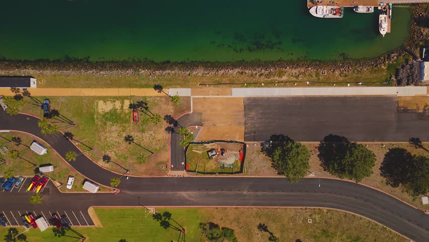 Topdown Of Boats Anchored In Mission Marina Bay Park In San Diego, California, United States. Aerial Shot