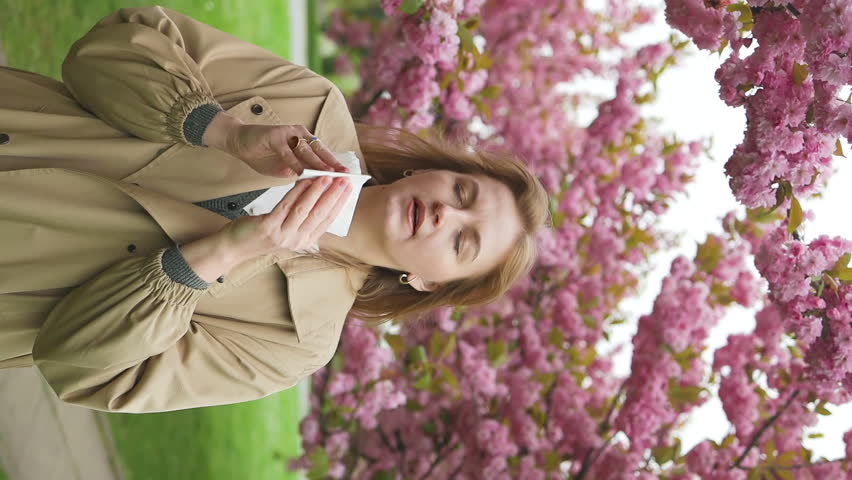 Health issues. Pretty young blonde woman having alergy symptoms from blooming sakura tree pollen in spring. Female with pollen allergies of sneezing outdoors Royalty-Free Stock Footage #3483509467