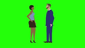 Man and Woman character doing handshake, cartoon animation, on green screen chroma key