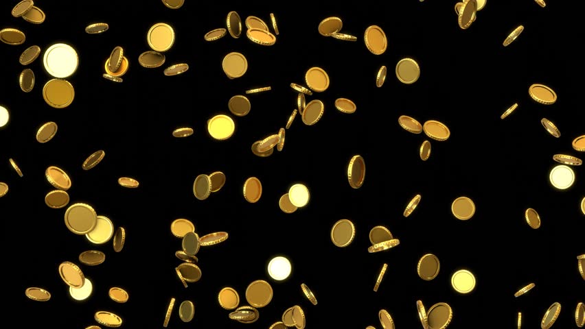 Animation of Golden coins falling over the black background. Rendered animation.