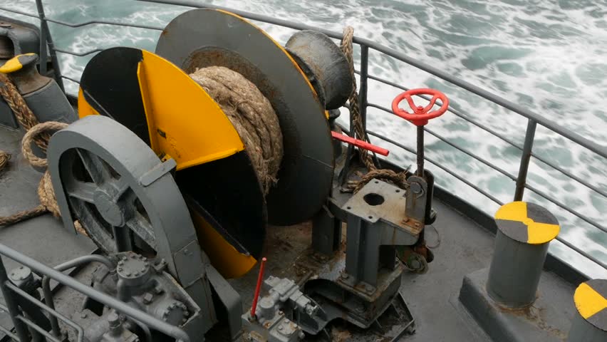Large ferry boat with ropes on deck close-up