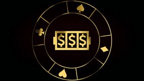 Luxury gold background casino chip and slot machine with dollar symbol icon. Black abstract banner. Vip backdrop with golden cash and poker card suits. Grand casino royal logo or title text - Powered by Shutterstock - Get 15% off with code: PIKWIZARD15
