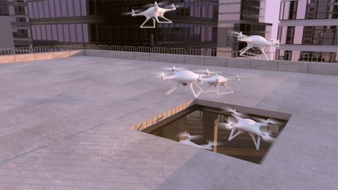 Quadcopters take off for patrol, Beautiful 3d animation, 4K