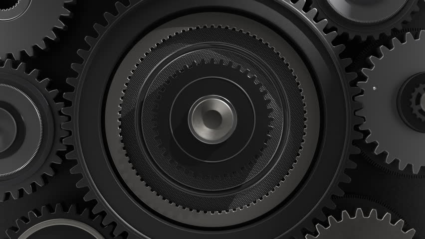 Cog wheel metal Hi Tech gears in a machine rotating. Gears working in the machinery. Golden white glowing shining. Top view. 3D Illustration