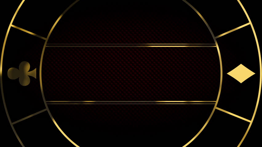 Luxury gold poker chip title border background. Black abstract text banner. Blank vip backdrop with golden frame and poker card suits. Copy space for grand casino royal logo or title text