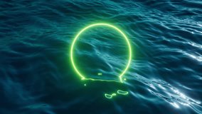 looping 3d video. Abstract animation of a green neon round frame, laser circle glowing over the dark blue ocean surface. Simple geometric animated wallpaper