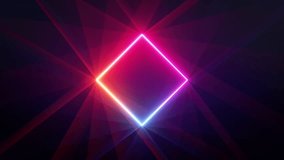 3d looping animation of a spinning glowing neon square with beams of light and lens flare, flashing retro disco light