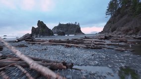 Aerial of cinematic Olympic National Park. Dramatic sea stacks on rocky Ruby Beach along the Olympic coastline on moody overcast evening. Ruby Beach on West Coast of Northern America. Washington State - Powered by Shutterstock - Get 15% off with code: PIKWIZARD15