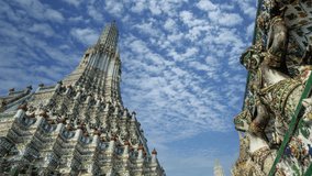 Pagoda at Wat Arun, a royal temple in Bangkok, Thailand. Time lapse video on a sunny day.