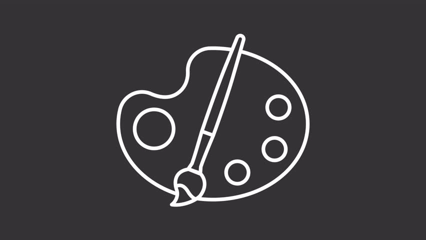 Animated paint brush white icon. Drawing tools line animation. Painting equipment, artist supplies. School accessories. Isolated illustration on dark background. Transition alpha video. Motion graphic