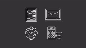 Animated calculations white icons. Mathematics line animation library. Math equation, calculator. Arithmetic formula. Isolated illustrations on dark background. Transition alpha. HD video. Icon pack - Powered by Shutterstock - Get 15% off with code: PIKWIZARD15