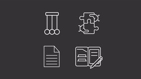 Animated school progress white icons. Teamwork organization line animation library. Collaboration partnership. Isolated illustrations on dark background. Transition alpha. HD video. Icon pack