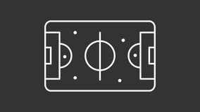 Animated football field white icon. Sporting competition line animation. Team sport. Soccer pitch. Sports venue. Isolated illustration on dark background. Transition alpha video. Motion graphic