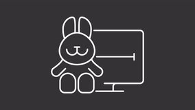 Cartoons stream white line animation. Animated tv and plush bunny icon. Streaming service for kids. Animated content. Isolated illustration on dark background. Transition alpha video. Motion graphic