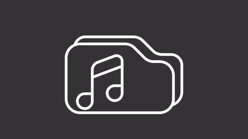 Musical library white line animation. Animated folder with musical note icon. Digital music files. Music app interface. Isolated illustration on dark background. Transition alpha video. Motion graphic