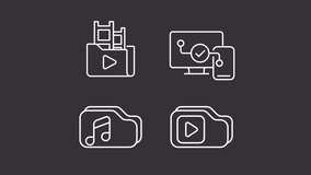Animated folders white icons. Digital files line animation library. File management. Music and video library. Isolated illustrations on dark background. Transition alpha. HD video. Icon pack