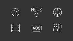 Broadcasting white line animations. Animated streaming services icons. Video streaming and podcast. Isolated illustrations on dark background. Transition alpha. HD video. Icon pack