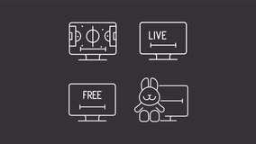 Animated monitors white icons. Streaming services line animation library. Live sport. Kids content. Broadcasting. Isolated illustrations on dark background. Transition alpha. HD video. Icon pack