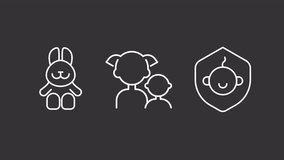 Animated kids related white icons. Childhood line animation library. Child safety and care. Plush bunny. Isolated illustrations on dark background. Transition alpha. HD video. Icon pack