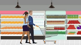 Men and Women couple walking inside market with shopping cart, cartoon animation