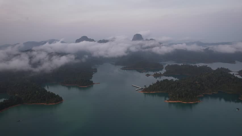 Aerial view of Khao Sok national park at sunrise, in Cheow lan lake, Surat Thani, Thailand