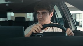 Caucasian business man businessman driver male guy typing navigator touchscreen car computer monitor inside auto luxury vehicle autonomous autopilot driverless rent buy automobile turn on music radio - Powered by Shutterstock - Get 15% off with code: PIKWIZARD15