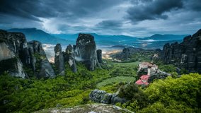 Dusk's Drama: Time-Lapse Tracking Shot of Meteora's Stunning Landscape in Greece in Full 4K Video