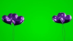 Heart shaped animated purple balloons green screen video 4k loop.	