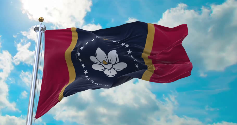 Flag of Mississippi realistic waving in the wind with cloud background (Perfect Loop)