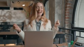 Happy Caucasian businesswoman business girl employer executive worker office manager female lady win with laptop computer work achieve winning victory success celebrate dancing rejoice opportunity joy - Powered by Shutterstock - Get 15% off with code: PIKWIZARD15