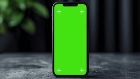 Phone chroma key green screen display mockup with tracking markers. Evening light scene with mobile illumination. Turning movement. 3D CGI close up 4k