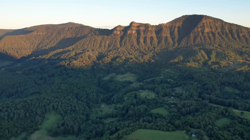 Mount Burrell During Sunset In The Tweed Shire, Northern Rivers Region of New South Wales, Australia. Aerial Drone Shot