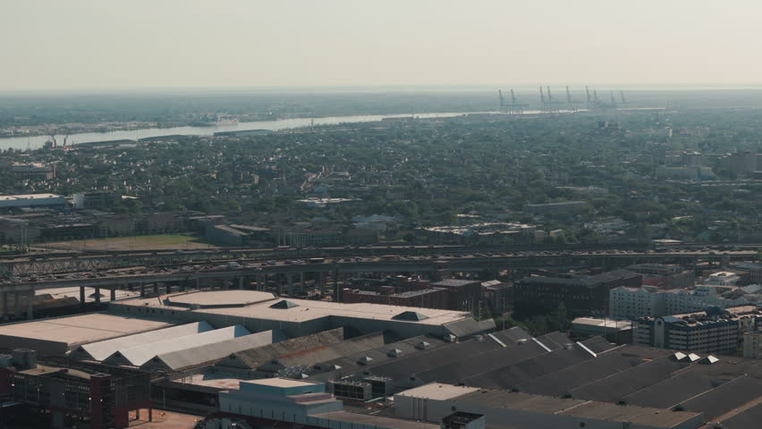 Aerial shot of Mississippi River waterfront and city skyline New Orleans, Louisiana