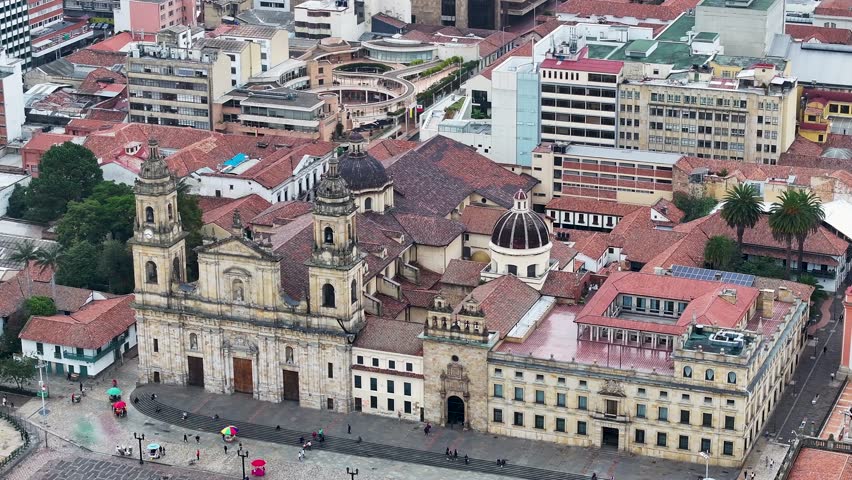 Plaza De Bolivar At Bogota In Cundinamarca Colombia. Downtown Cityscape. Financial District Background. Bogota At Cundinamarca Colombia. High Rise Buildings. Business Traffic.