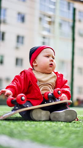 Plump little kid wearing red jacket sits on the ground outdoors. Child plays with skateboard first but then starts to cry. Vertical video.