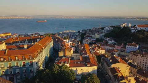 Lisbon Portugal Aerial timelapse Old town Palace Sunset summer 4k