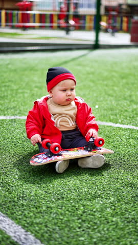 Adorable Caucasian baby boy sits on the stadium covering. Cute kid playing with skateboard. Vertical video.