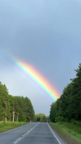 A double rainbow on a rainy spring day. A multicolored rainbow over a floral green field in the Perm Region. A rainbow against a cloudy sky.