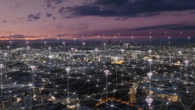 smart city wireless connection new wifi communication technology,aerial view of AI 5g wired network growing over cityscape,wifi signal icon flying over the town of osaka - Powered by Shutterstock - Get 15% off with code: PIKWIZARD15