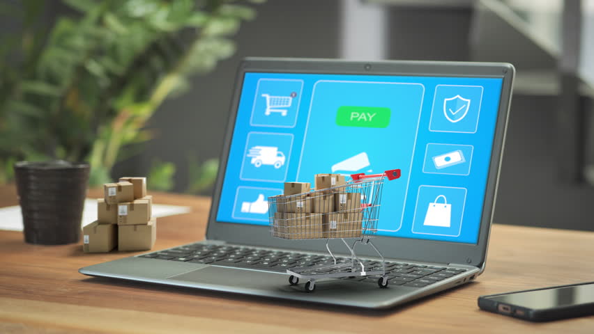 e-commerce shopping online concept,cart trolley full of boxes on laptop,ecommerce internet selling,shopping cart filled with cardboard box in front of computer screen,secure bank payment transaction - Powered by Shutterstock - Get 15% off with code: PIKWIZARD15