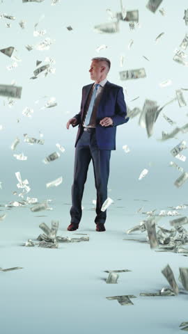 Zoom in view of happy middle aged entrepreneur dancing under falling dollar banknotes. Vertical shot