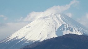 SHIZUOKA, JAPAN - MARCH 2024 : Close up time lapse shot of Mount Fuji with snow on top. Tallest Mountain in Japan. Shot in spring season, sunny daytime. Japanese nature concept video.